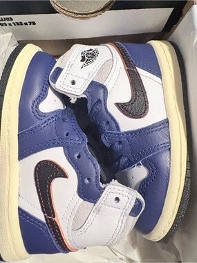 Jordan Kids High-Top Sneakers in Blue, White and Black with Orange Trim